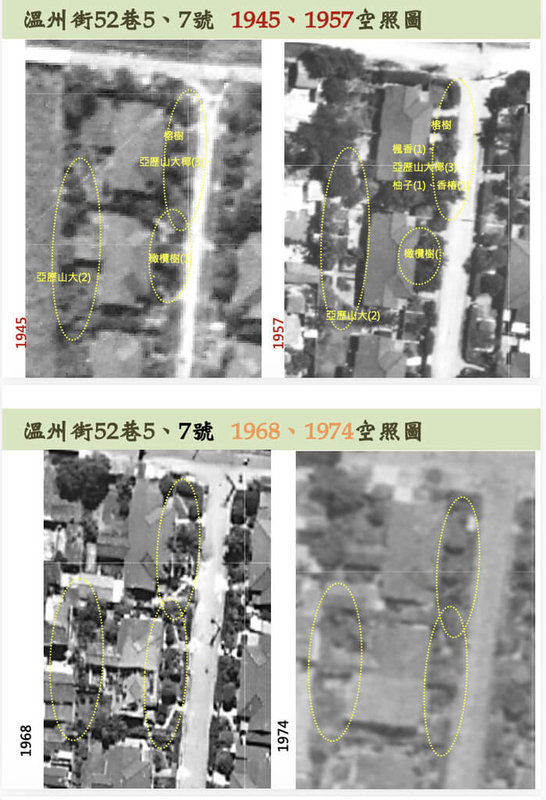 搶救台灣文史故居聯合、台灣樹人會等樹保團體12日提出1945、1957、1968、1974年的航照圖，佐證台北市溫州街52巷1、3、5、7號（陳奇祿故居）內18棵樹木樹齡達50年以上，應列為受保護樹木。（搶救台灣文史故居聯合提供）中央社記者楊淑閔傳真　115年3月12日