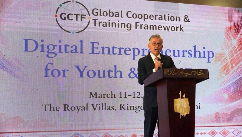 駐史瓦帝尼大使梁洪昇11日於「全球合作暨訓練架構」數位創業研習營開幕典禮致詞。（外交部提供）中央社記者吳書緯傳真　115年3月13日
