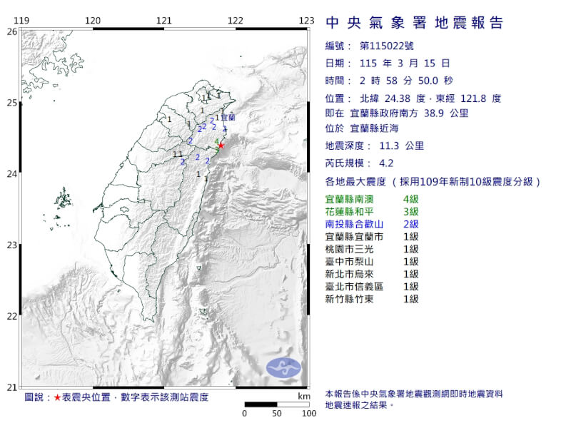 15日凌晨2時58分宜蘭近海發生芮氏規模4.2地震。（圖取自氣象署網頁cwa.gov.tw/）