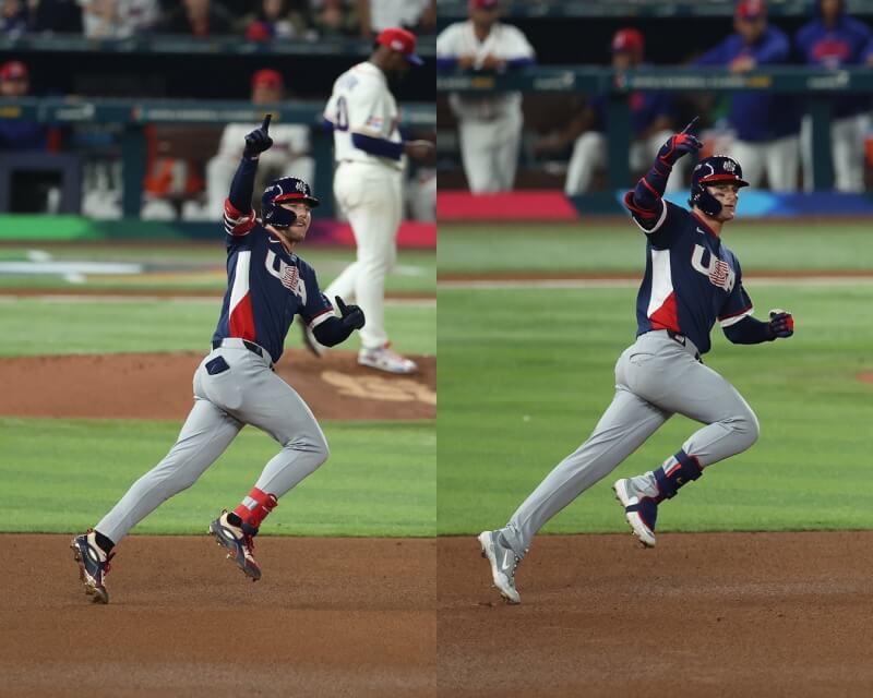 世界棒球經典賽美國對多明尼加之戰，美國隊靠韓德森（左）和安東尼（右）2支陽春砲，2比1險勝多明尼加。（圖取自x.com/WBCBaseball）