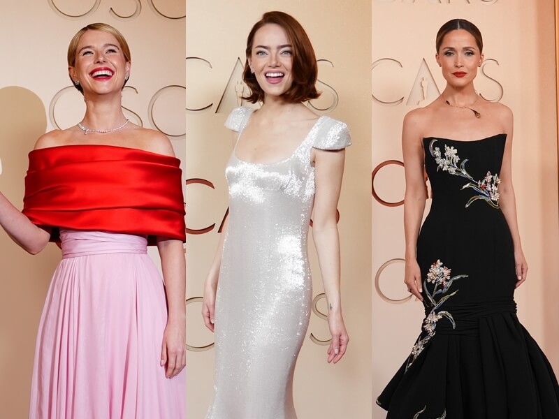 好萊塢眾多重量級影星15日齊聚紅毯，由左至右依序為潔西伯克利、艾瑪史東和蘿絲拜恩。（美聯社）