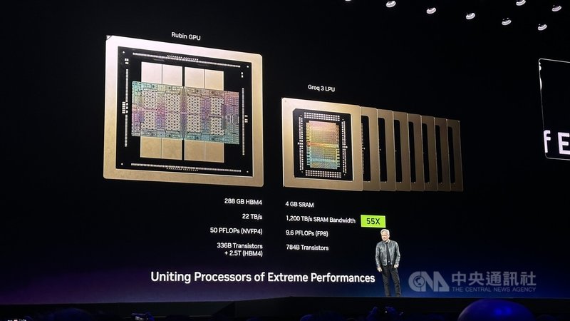 輝達執行長黃仁勳在GTC大會公布新推論晶片NVIDIA Groq 3 LPU。中央社記者張欣瑜聖荷西攝　115年3月17日
