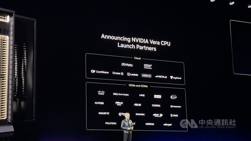 輝達（NVIDIA）執行長黃仁勳16日在聖荷西舉辦的GTC大會上發表主題演講，並發布新產品Vera CPU。中央社記者張欣瑜聖荷西攝 115年3月17日