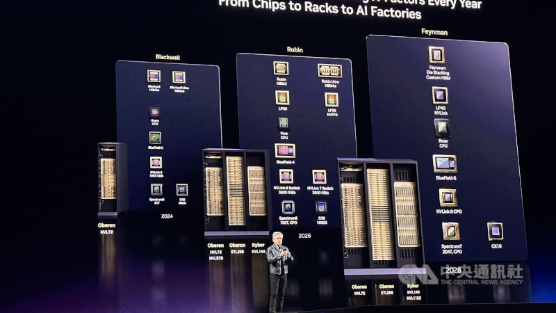 輝達執行長黃仁勳揭GPU技術路線圖，次世代GPU架構Feynman，將整合下一代名為Rosa的CPU以及新一代LPU。中央社記者張欣瑜聖荷西攝　115年3月17日