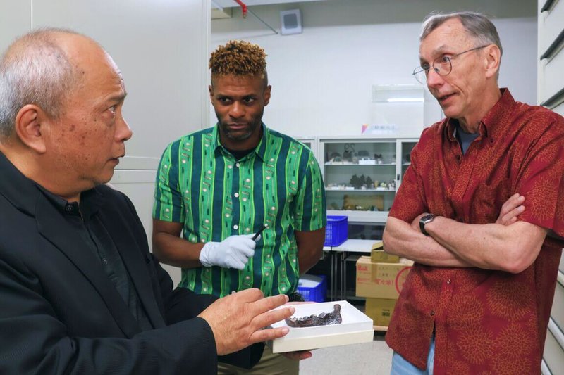 諾貝爾生理醫學獎得主帕博（Svante Pääbo）（右）與耶魯大學醫學院遺傳學系助理教授馬西拉尼（Diyendo Massilani）（中）近日訪台，特別前往台中科博館參觀館藏「丹尼索瓦人」下顎骨化石標本，並進行深度分析與採樣。左為科博館長黃文山。（國立自然科學博物館提供）中央社記者趙麗妍傳真　115年3月18日