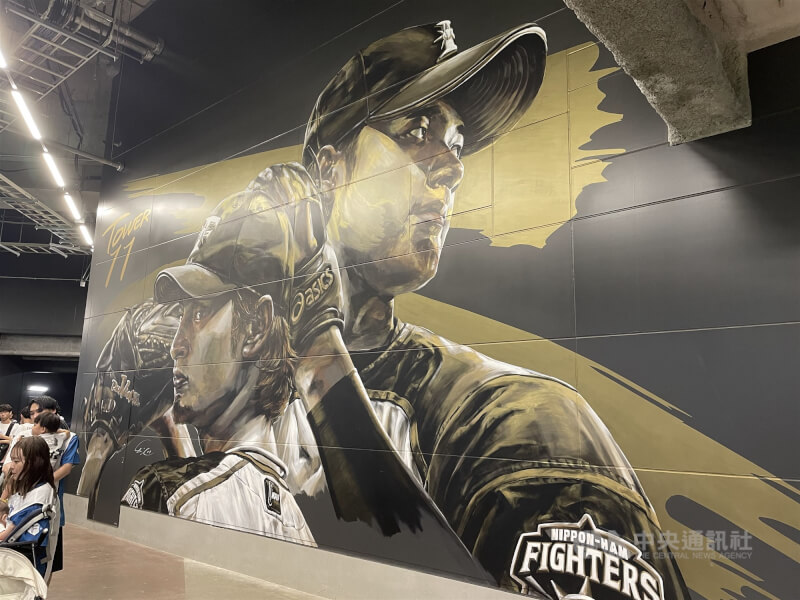 ES CON FIELD HOKKAIDO左外野看頭後方有超級球星大谷翔平及達比修有的壁畫，成為球場中拍照打卡熱點。（中央社）