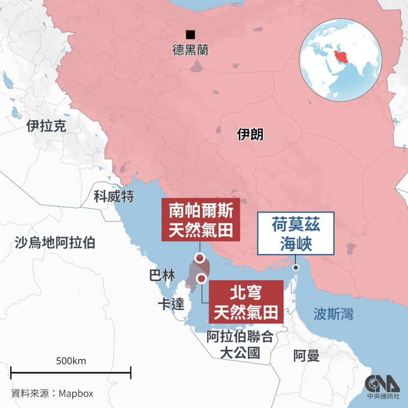 在美國和以色列對伊朗主要天然氣田設施發動攻擊後，伊朗揚言鎖定波斯灣各地能源基礎設施。（中央社製圖）