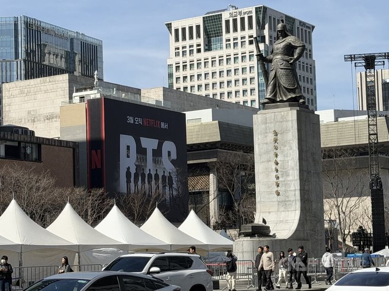 韓國天團防彈少年團（BTS）21日將在光化門舉辦「BTS回歸演唱會ARIRANG」。中央社記者楊啟芳首爾攝　115年3月20日