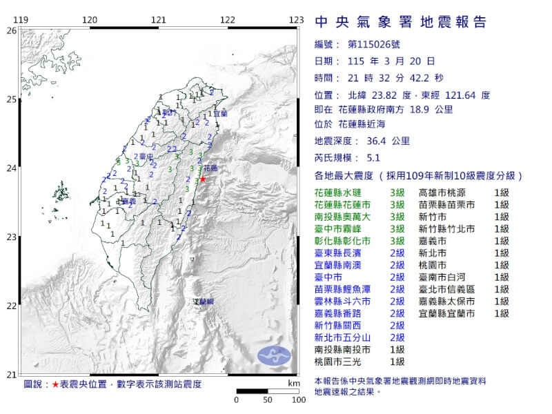 花蓮近海20日晚間發生規模5.1地震。（圖取自氣象署網頁cwa.gov.tw）