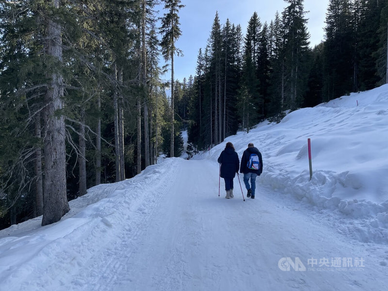雪季即將進入尾聲,在瑞士山上進行冬季運動的人潮仍不減。在2000公尺以上高山,健行是不分年紀都十分受歡迎的冬季活動。中央社記者郭芳君瑞士格勞賓登州攝 115年3月22日
