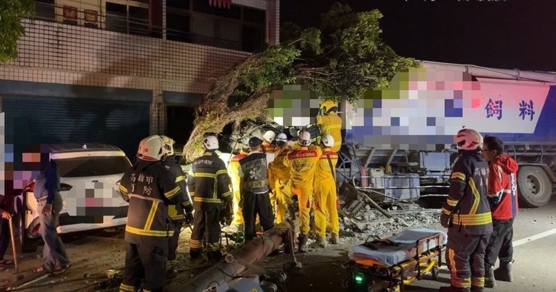 高姓男子25日駕駛營業大貨車載運飼料，行經高雄市阿蓮區時，不明原因自撞電桿並波及一旁民宅及樹木，高男傷重送醫不治，確切肇事原因待釐清。台電表示，事故造成291戶停電，經搶修已全數復電。（高雄市警察局湖內分局提供）中央社記者張已亷傳真　115年3月25日