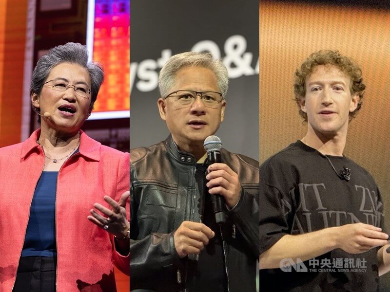 白宮25日宣布，美國總統川普任命Meta執行長祖克柏（右）、輝達執行長黃仁勳（中）、超微執行長蘇姿丰（左）等人加入總統科技顧問會議。（中央社檔案照片）