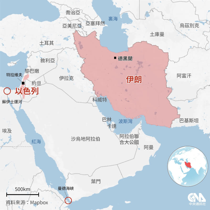 曼德海峽若遭襲擊，恐怕會使中東地區石油出口及航運面臨更高風險。（中央社製圖）