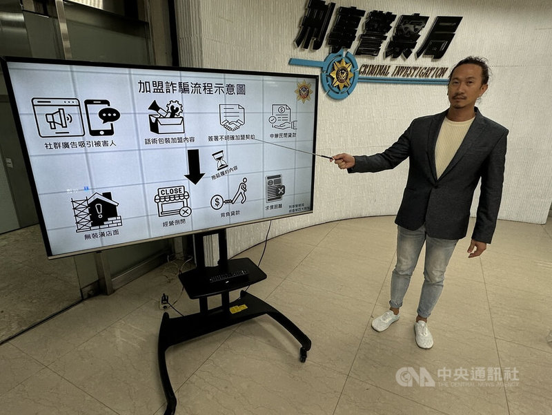 刑事局破獲加盟投資詐騙案，逮捕39歲黃姓男子到案。警方查出，黃姓男子因家族開製造芋圓工廠，了解相關流程，後續開公司創品牌，誘騙被害人簽加盟契約及申請貸款，從中獲利。圖為警方說明詐騙流程。中央社記者劉建邦攝　115年3月27日
