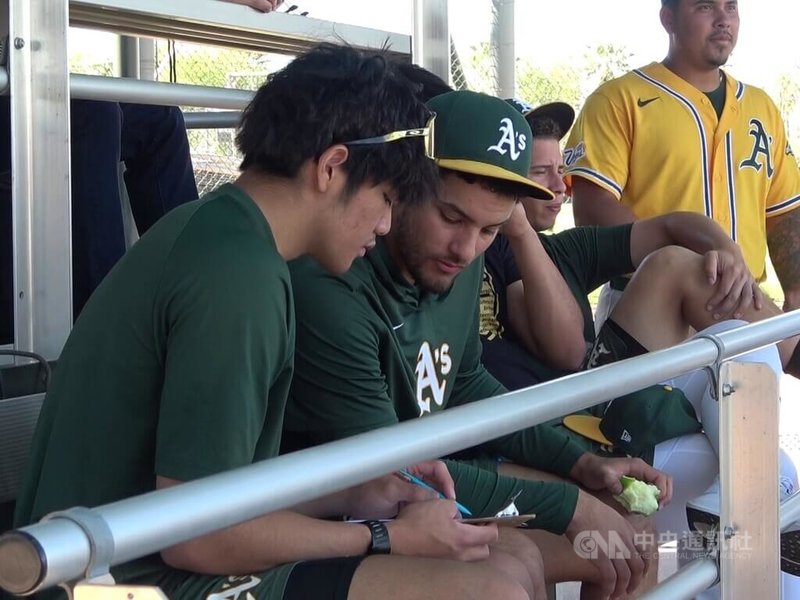 美國職棒運動家隊小聯盟投手林維恩(左)在小聯盟熱身賽場邊幫隊友做紀錄。中央社記者林宏翰亞利桑那攝115年3月27日