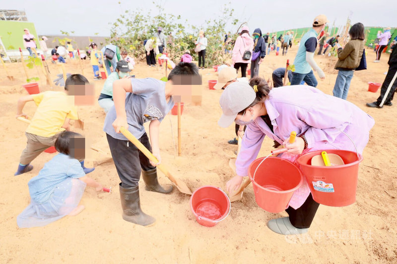 澎湖地區「原地扎根.韌性森活」植樹活動,28日在菓葉保安林區舉行,500多位民眾合力植樹,並為「菓葉保安林」命名揭牌見證。中央社 115年3月28日