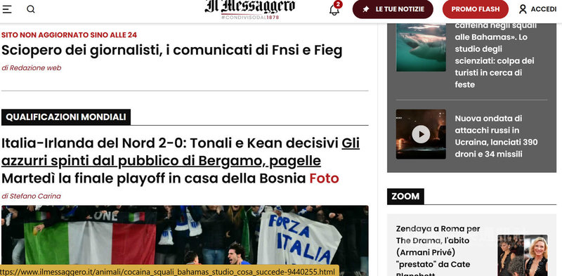 義大利記者27日舉行全國大罷工抗議低薪剝削，主流媒體停止出報或更新網站一天。圖為義大利大報訊使報公告，因記者罷工停止更新網站。（網站截圖）中央社記者黃雅詩羅馬傳真　115年3月28日