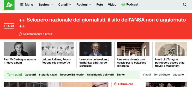 義大利記者27日舉行全國性大罷工抗議低薪剝削，主流媒體停止出報或更新網站一天。圖為義大利最大的安莎通訊社首頁，紅標部分寫著因全國記者罷工，網站停止更新。（截圖自網站）中央社記者黃雅詩羅馬傳真 115年3月28日
