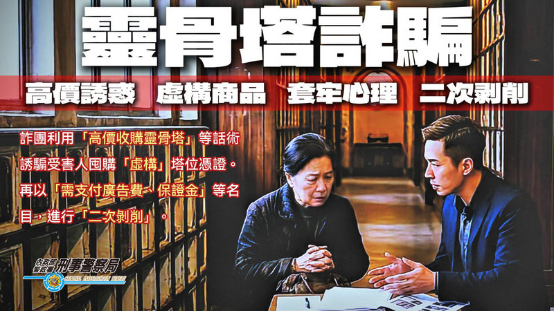 詐騙集團常利用靈骨塔權狀鎖定持有人進行二次剝皮行騙，刑事局29日表示，北部一名被害人因誤信「宮廟合作處理靈骨塔」說詞，因此財損逾新台幣4000萬元。（刑事局提供）中央社記者黃麗芸傳真　115年3月29日