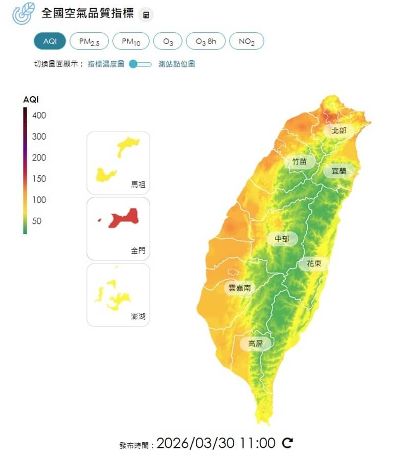 空氣品質差，西半部多區30日已達橘色提醒、金門與台北市部分地區亮起紅色警示。（圖取自空氣品質監測網網頁airtw.moenv.gov.tw）