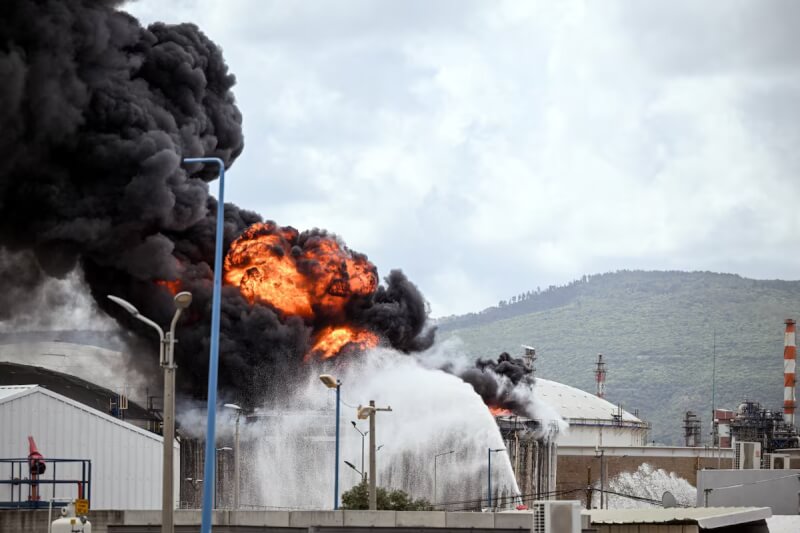 以色列北部城市海法一座煉油廠30日遭伊朗飛彈攻擊後陷入火海。（路透社）