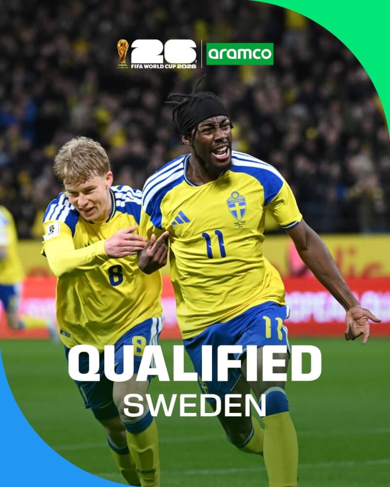 瑞典31日在歐洲區附加賽決賽以3比2淘汰波蘭，晉級2026年世界盃足球賽會內賽。（圖取自facebook.com/fifaworldcup）