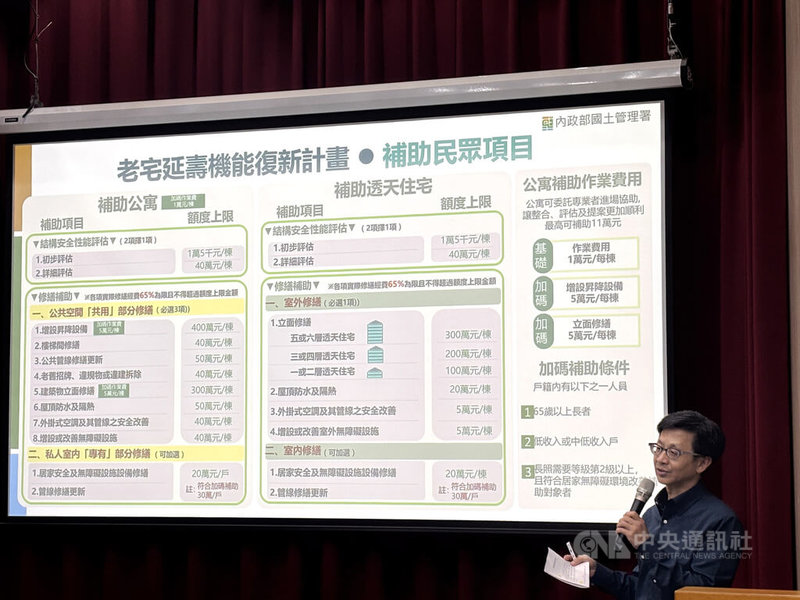 內政部2日舉行部務會報會後記者會，國土署都更建設組長王武聰（圖）說明老宅延壽計畫時指出，必須改善室外公共區域空間，才能搭配室內更新。中央社記者高華謙攝　115年4月2日