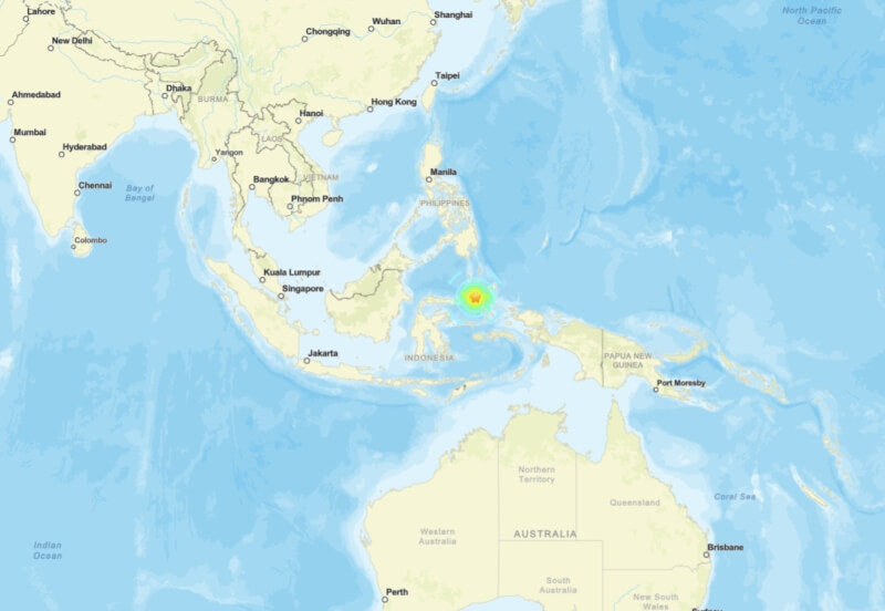 印尼東部近海2日清晨發生規模7.4強震，出現30公分高海嘯波。（圖取自美國地質調查所網頁https://www.usgs.gov）