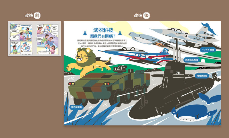 台灣設計研究院為設計師與出版團隊牽線，促成40冊課本改造，其中一步工作室以插畫繪製台灣製造的武器，相比過去國防課本閱讀動線，視覺資訊更為一目了然。（台灣設計研究院提供）中央社記者王寶兒傳真　115年4月2日