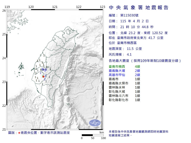 2日晚間9時10分發生地震，震央位於台南市楠西區。（圖取自氣象署網頁cwa.gov.tw）