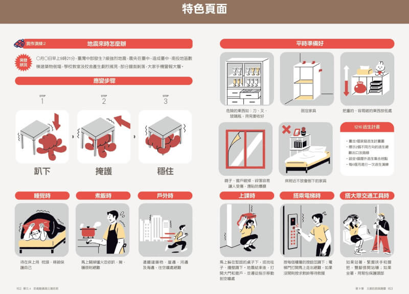一步工作室與老字號集團幼獅文化運用色彩、插畫等元素重新改造國防課本，一步工作室並以過去打造的紅色角色IP「阿災」融入國防課本防災內容，以圖示讓學生了解防災步驟。（台灣設計研究院提供）中央社記者王寶兒傳真　115年4月2日