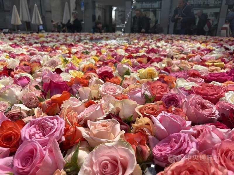 玫瑰噴泉是蘇黎世復活節的新時代傳統，教會希望以花卉的力量支持脆弱的人心。中央社記者郭芳君蘇黎世攝　115年4月4日