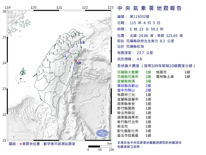 花蓮縣近海（星號處）5日5時23分發生芮氏規模4.8地震。（圖取自中央氣象署網頁cwa.gov.tw）
