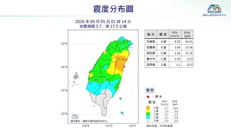 地震震度分布圖。(圖取自國家災害防救科技中心LINE帳號)