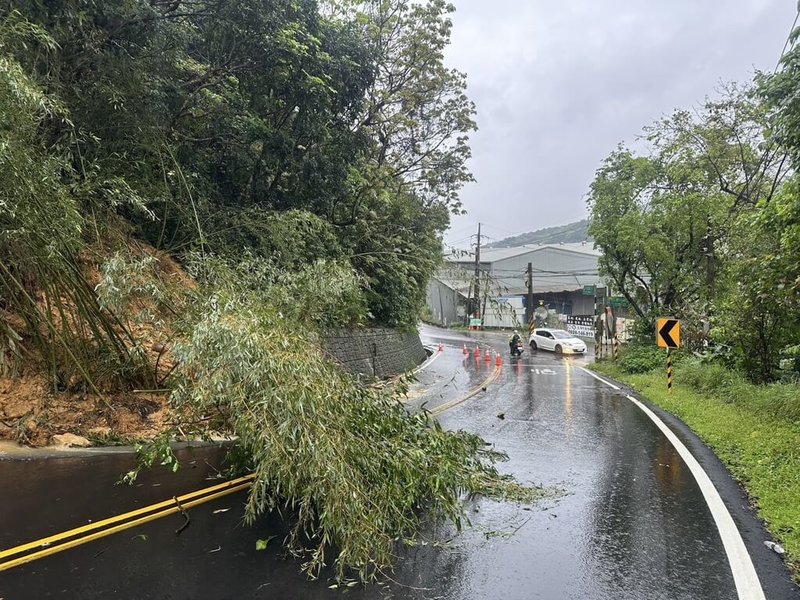 受大雨影響,桃園市龜山區大坑路三段往林口方向6日上午7時許發生邊坡土石滑落與路樹倒塌,土石與路樹占據車道影響通行。(桃園市警局龜山分局提供)中央社記者吳睿騏桃園傳真 115年4月6日