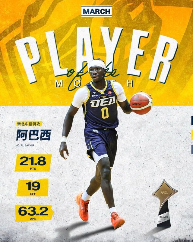 台灣職業籃球大聯盟（TPBL）新北中信特攻隊主力球員阿巴西在3月的5場比賽，平均繳出21.8分、2.6助攻、4籃板，效率值19，7日獲選為單月MVP。（TPBL提供）中央社記者黎建忠傳真 115年4月7日