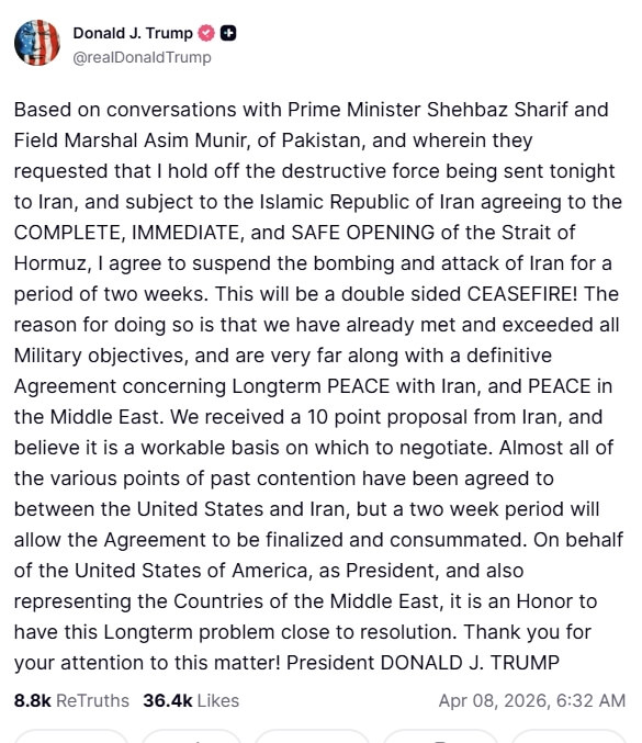 美國總統川普7日表示，他已同意與伊朗達成兩週停火協議，條件是伊朗同意重新開放荷莫茲海峽。（圖取自truthsocial.com/@realDonaldTrump）