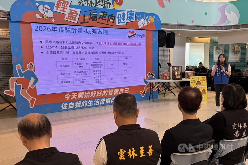 白沙屯媽祖即將前往北港進香，雲林縣交通工務局交通管理科長陳怡燕（右）9日簡報指出，16日將加強接駁服務，到北港民眾請多利用大眾運輸服務。中央社記者蔡智明攝　115年4月9日