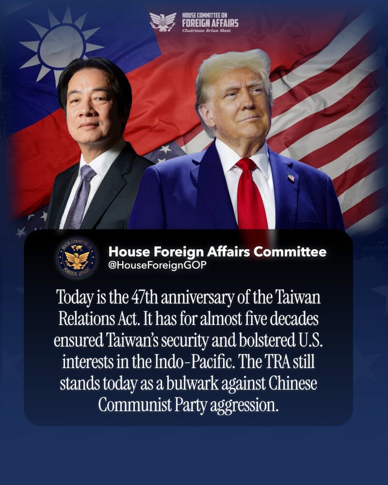 10日是「台灣關係法」立法47週年，美國聯邦眾議院外交委員會共和黨團特別在社群平台X發文紀念。（圖取自x.com/HouseForeignGOP）