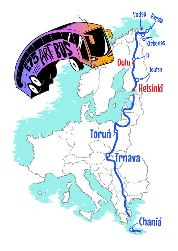 由芬蘭視覺藝術家協會主辦，全名「E75藝術巴士赫爾辛基出發節」，將載著11個國家藝術家的巴士從赫爾辛基出發，沿歐洲公路E75駛向南歐。圖為E75 藝術巴士計畫路線圖（芬蘭視覺藝術家協會提供）中央社記者巫祈麟赫爾辛基傳真　115年4月12日