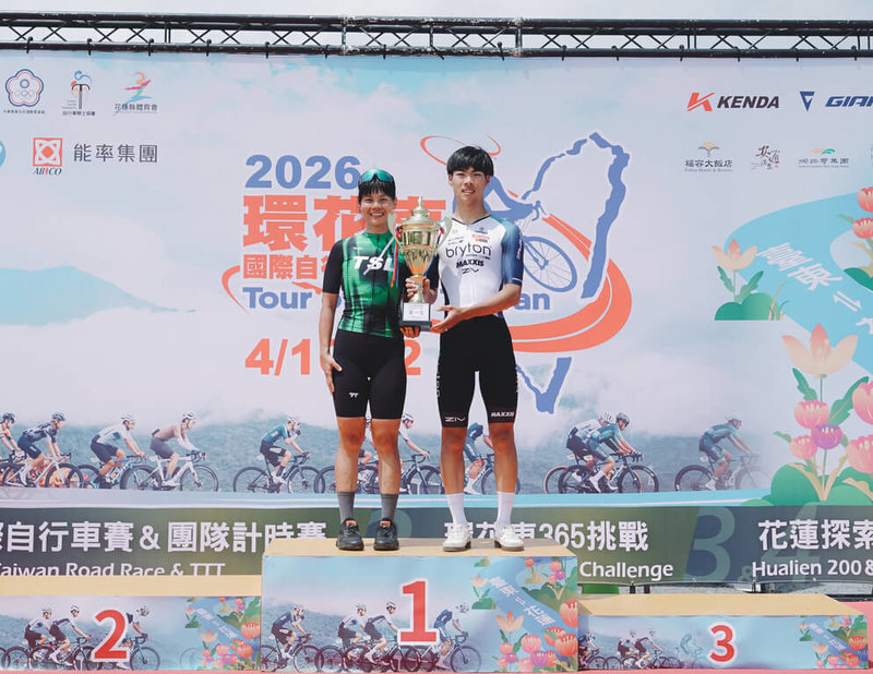 環花東國際自行車賽系列活動10日起一連3天進行，環花東三日賽成績總排名，由Bryton Racing Team李亞倫（右）拿下總花東王，TSL許書瑋（左）封后。（花蓮縣體育會提供）中央社記者李先鳳傳真　115年4月12日