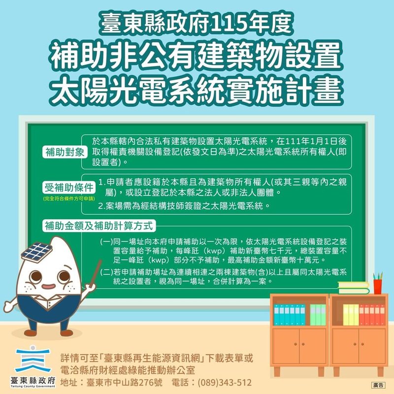 台東縣政府推動光電，今年持續辦理「補助非公有建築物設置太陽光電發電系統實施計畫」。圖為台東縣府製作圖卡方便民眾了解。（台東縣政府提供）中央社記者盧太城台東傳真　115年4月17日