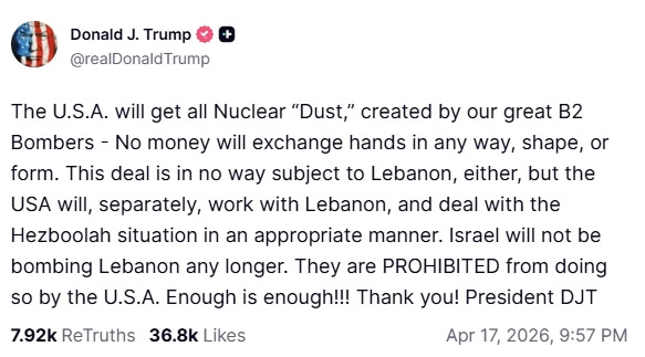 美國總統川普17日表示，美國已禁止以色列進一步轟炸黎巴嫩。（圖取自truthsocial.com/@realDonaldTrump）
