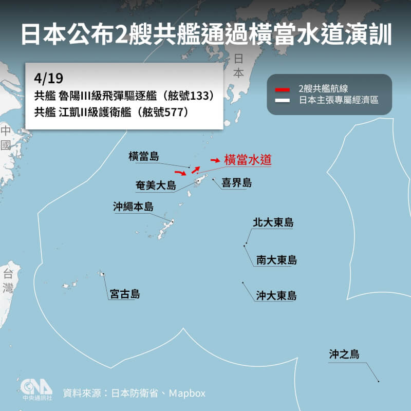 日本防衛省20日表示，海上自衛隊19日上午在鹿兒島縣橫當島西南約60公里海域，確認到正在向東航行的中國海軍艦艇。（中央社製圖）