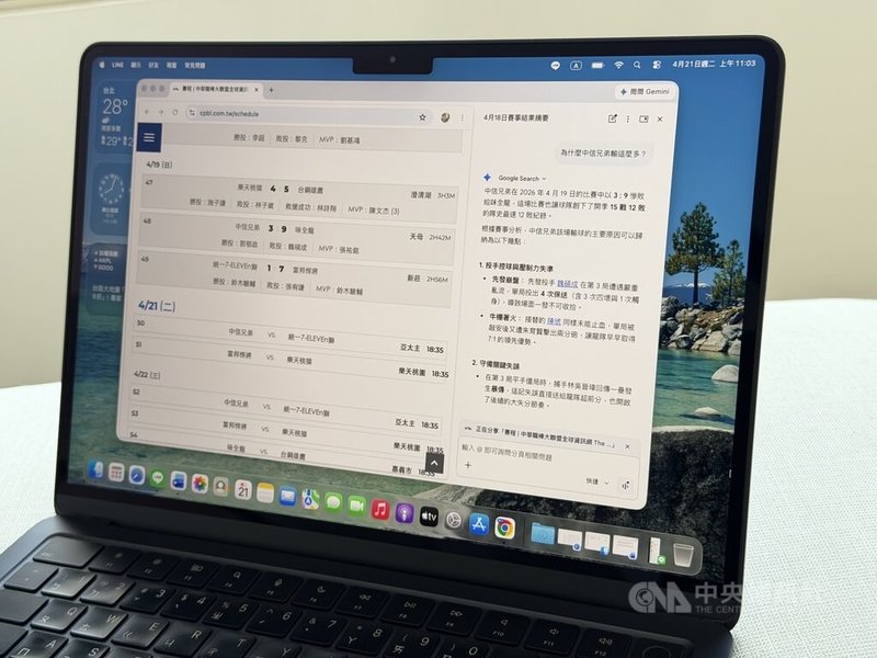 Google 21日在台灣推出內建人工智慧（AI）模型Gemini的Chrome瀏覽器，可分析職棒球隊戰績和單場賽事結果，幫用戶一秒掌握賽況。中央社記者吳家豪攝　115年4月21日