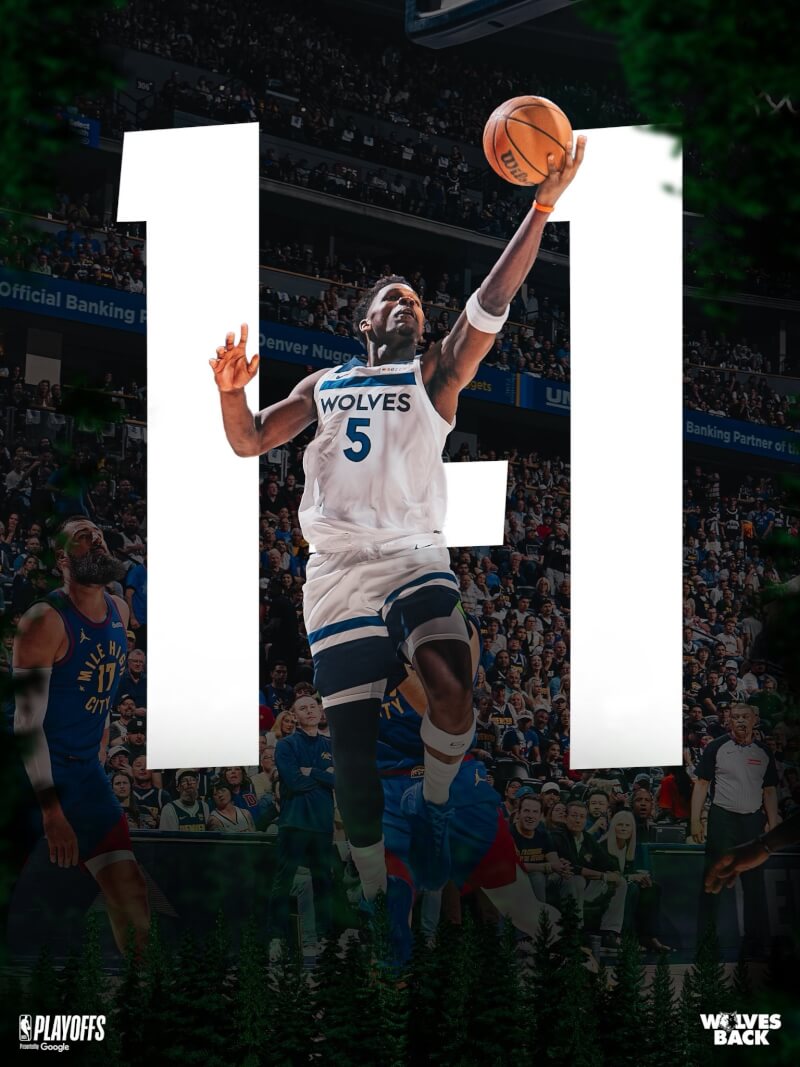 明尼蘇達灰狼愛德華茲30分的帶領下，NBA西區季後賽首輪第2戰以119比114逆轉擊敗地主丹佛金塊。（圖取自x.com/Timberwolves）
