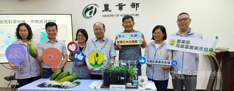 農業部高雄區農業改良場21日舉行記者會，介紹成功研發的「木瓜智慧化灌溉模式」結合「田間噴霧防蟎技術」，不僅省水25%以上，更有效控制蟎類族群，瓜農估計可增加約2成採收量。中央社記者汪淑芬攝　115年4月21日