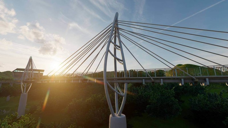 台北市政府規劃從貓纜貓空站到天恩宮間設置供行人跨越斜張橋，興建完成後將可串聯貓空纜車站與茶推廣中心附近景點，估民國116年2月開工、118年竣工啟用。圖為示意圖。（大地處提供）中央社記者劉建邦傳真　115年4月23日