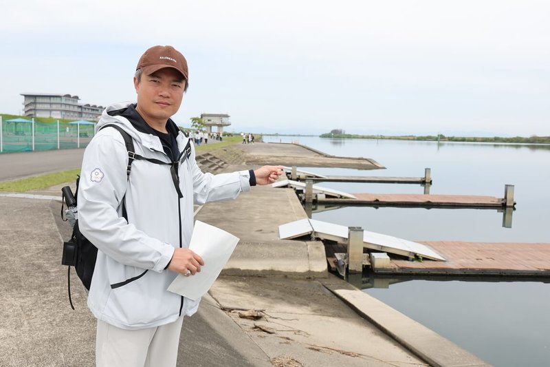 名古屋亞運參訪團24日考察划船比賽場地長良川國際划船賽道，中華民國划船協會秘書長林展緯表示，這裡在2005年辦過世錦賽，協會已透過當時的比賽影片掌握船速、風向等。（中華奧會提供）中央社記者黎建忠傳真　115年4月24日
