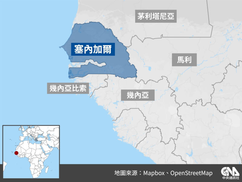 塞內加爾地理位置圖。（中央社製圖）